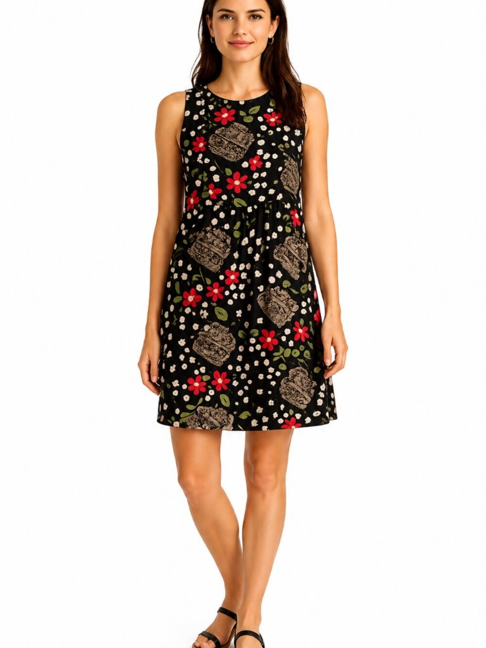 Studio Ease Black Floral Sleeveless Shift Dress Women’s Size 10